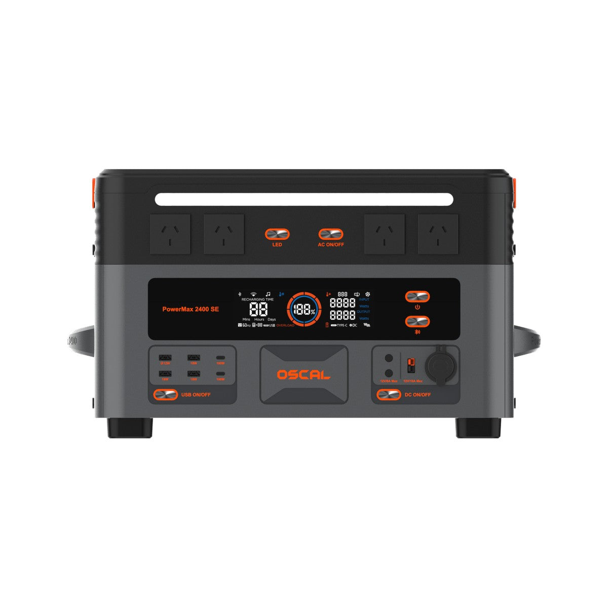 Front view of the OSCAL PowerMax 2400SE showing the LCD screen, four AC outlets and USB ports