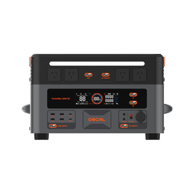 Front view of the OSCAL PowerMax 2400SE showing the LCD screen, four AC outlets and USB ports