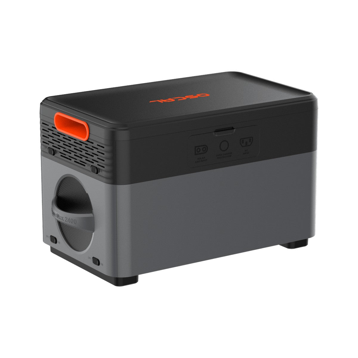Side profile of the OSCAL PowerMax 2400SE power station with the orange carry handle