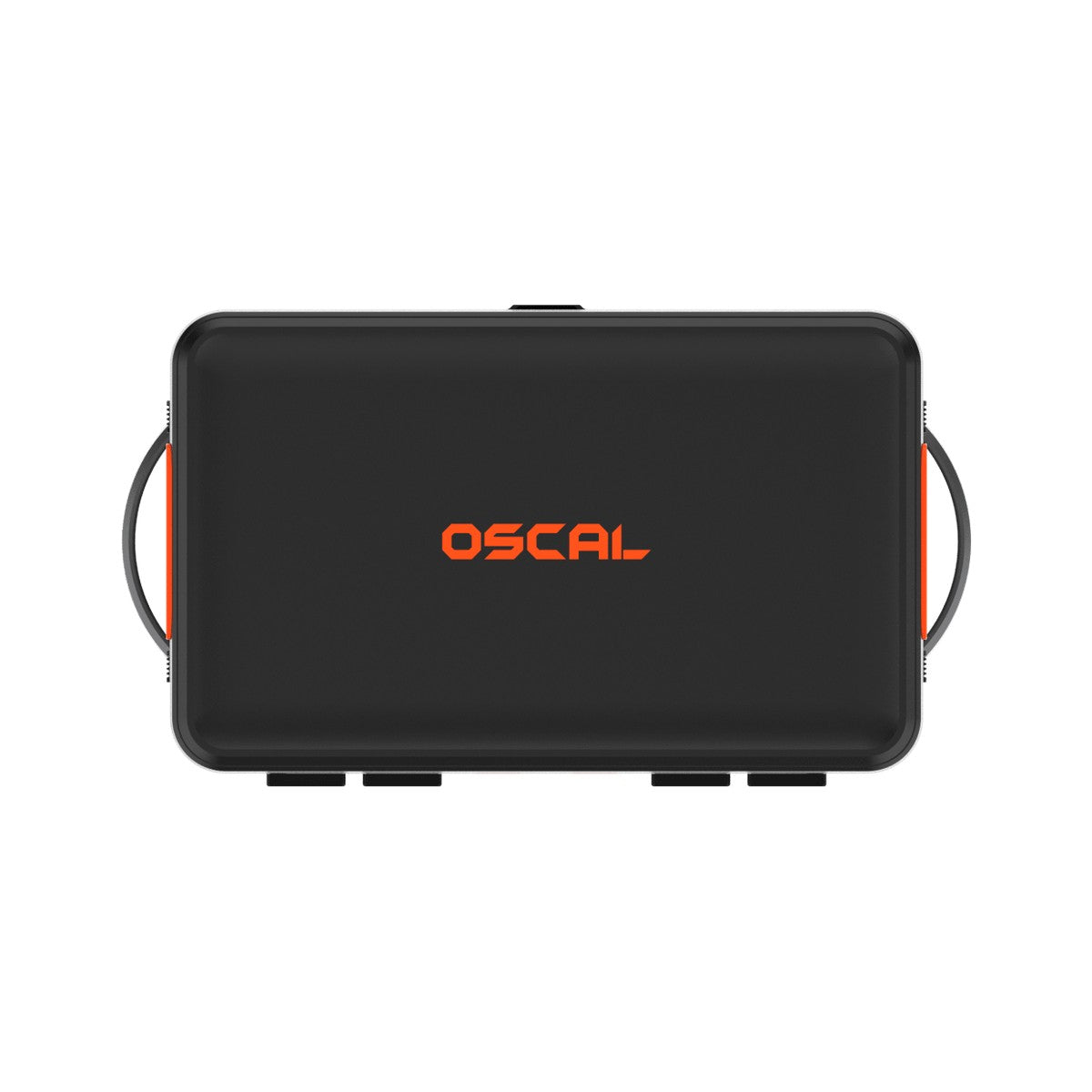 Top-down view of the OSCAL PowerMax 2400SE lid with the orange OSCAL logo and side carry handles