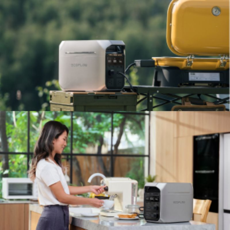 Power station used to run a BBQ grill outdoors and kitchen appliances indoors.
