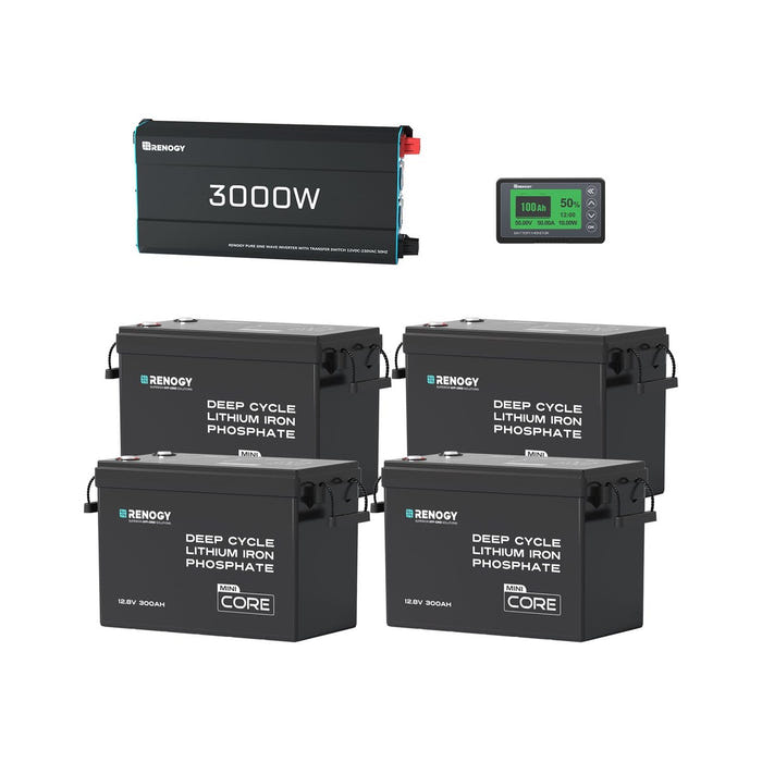 Renogy 15.36kWh Off-Grid Power Kit, No Solar: four Core Mini 300Ah batteries, 3000W inverter and 500A battery monitor