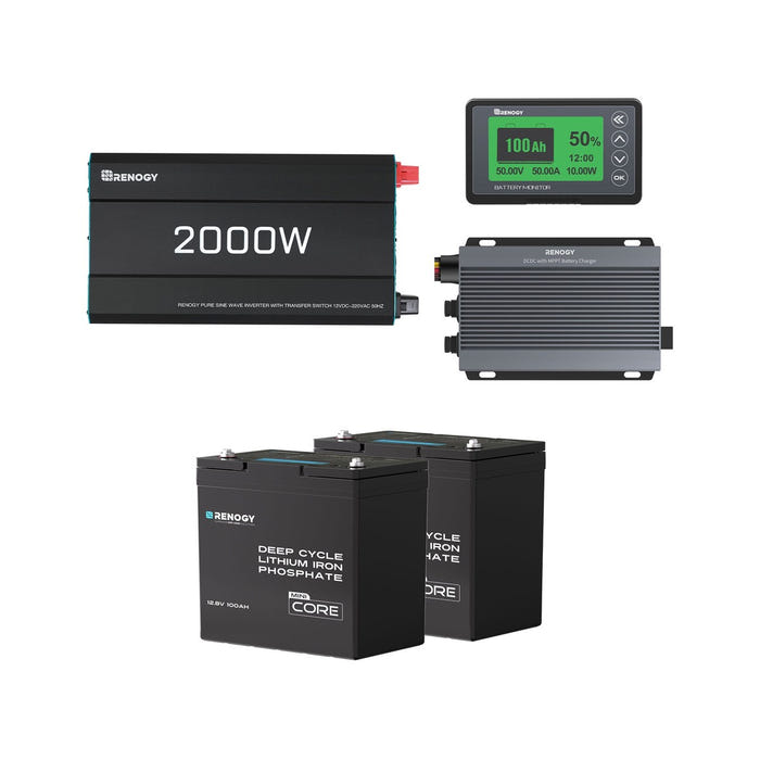 Renogy 2.56kWh Off-Road 4WD Off-Grid Power Kit, No Solar configuration - two batteries, inverter, DC-DC charger and battery monitor