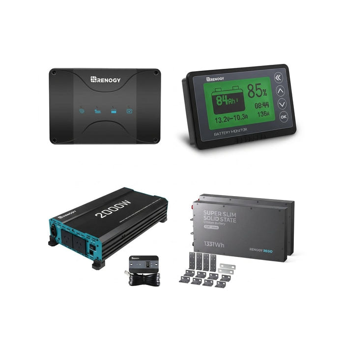 Renogy 2000W inverter, Bluetooth battery monitor, 50A DC-DC charger and two Super Slim 104Ah batteries with mounting brackets