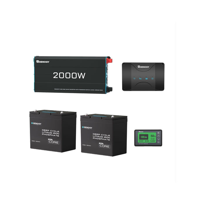 Renogy 200Ah Lithium Power Kit - two batteries, inverter, DC-DC charger and Bluetooth monitor, No Solar