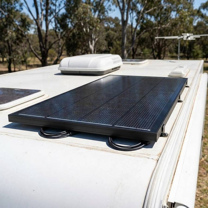 Renogy 200W ShadowFlux rigid solar panel mounted on a caravan roof, elevated 3/4 angle