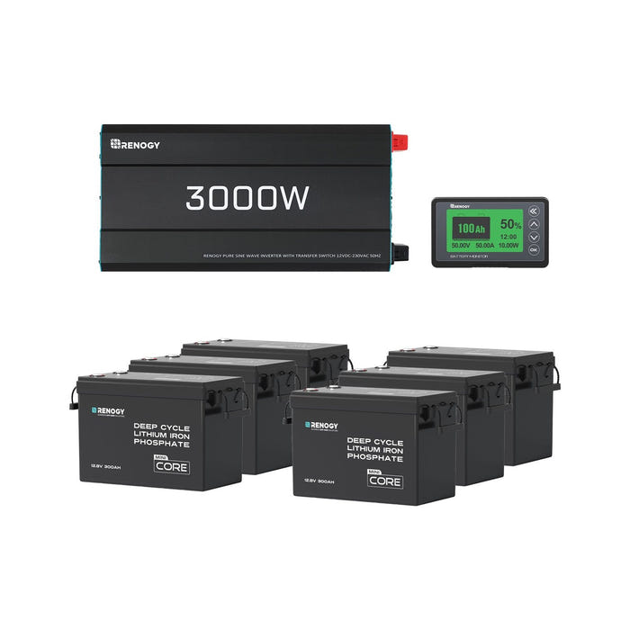 Renogy 23.04kWh Off-Grid Power Kit No Solar configuration - six 300Ah batteries, 3000W inverter and battery monitor