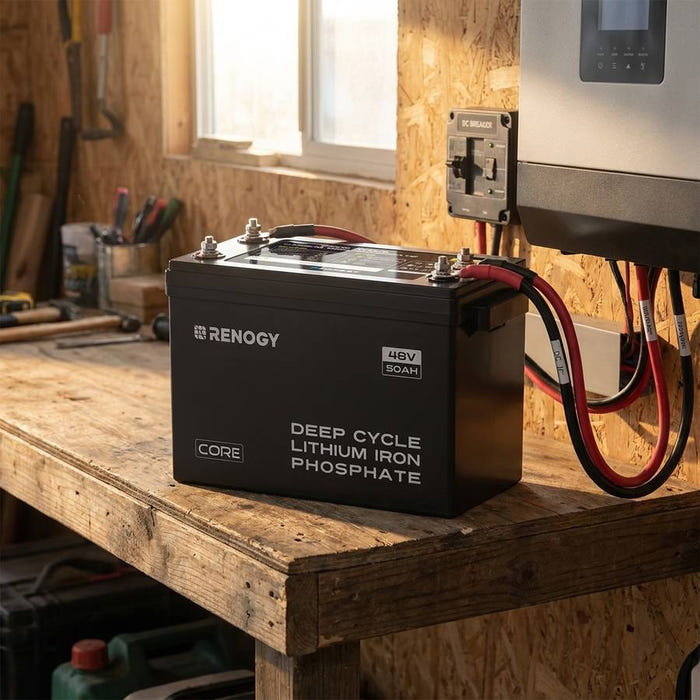 Renogy 48V 50Ah battery wired into a shed off-grid system beside a hybrid inverter and DC breaker panel