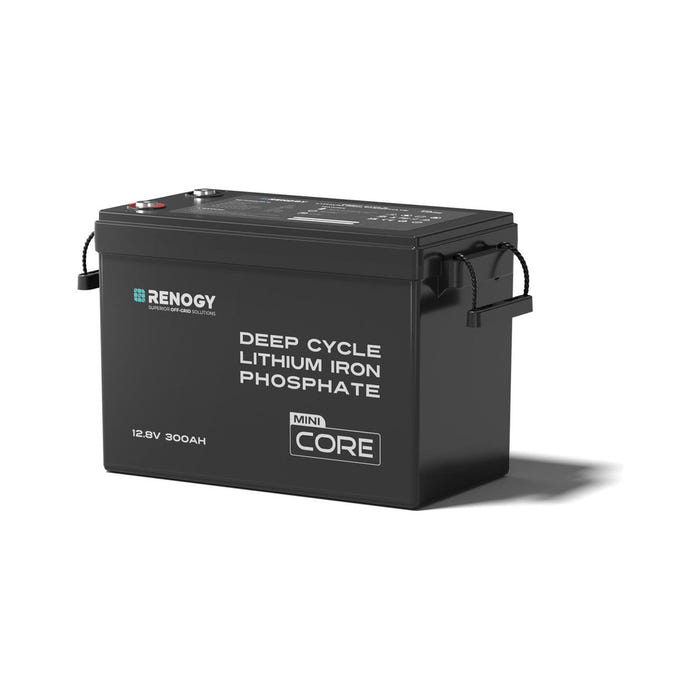 Renogy Core Mini 12.8V 300Ah LiFePO4 battery, front 3/4 view showing terminals and rope carry handles