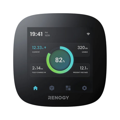 Renogy ONE Core viewed square on with the home screen showing current, usable amp hours and present voltage