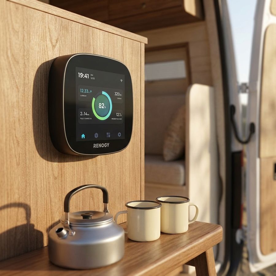 ONE Core mounted above the bench in a van conversion with a kettle and enamel mugs below