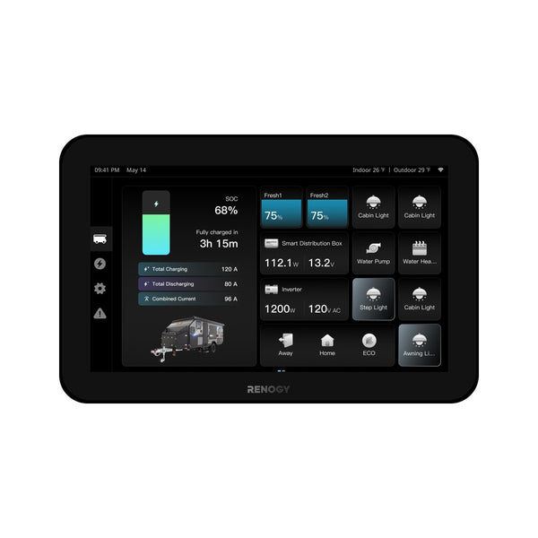 Renogy ONE Vision 7 viewed square on showing the home screen with battery state of charge and tiled load controls