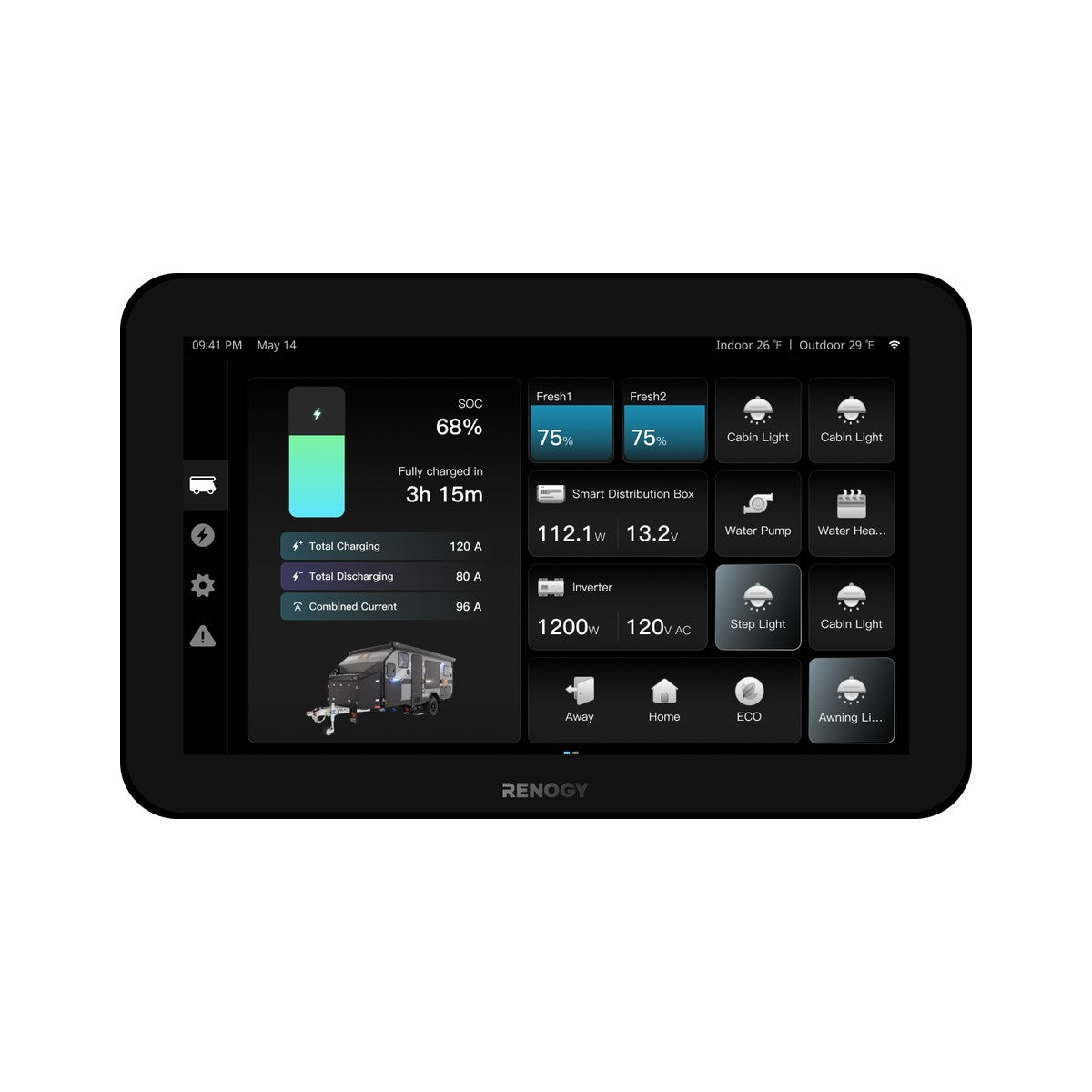 Renogy ONE Vision 7 viewed square on showing the home screen with battery state of charge and tiled load controls