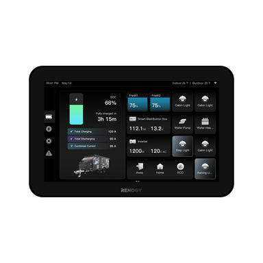Renogy ONE Vision 7 viewed square on showing the home screen with battery state of charge and tiled load controls