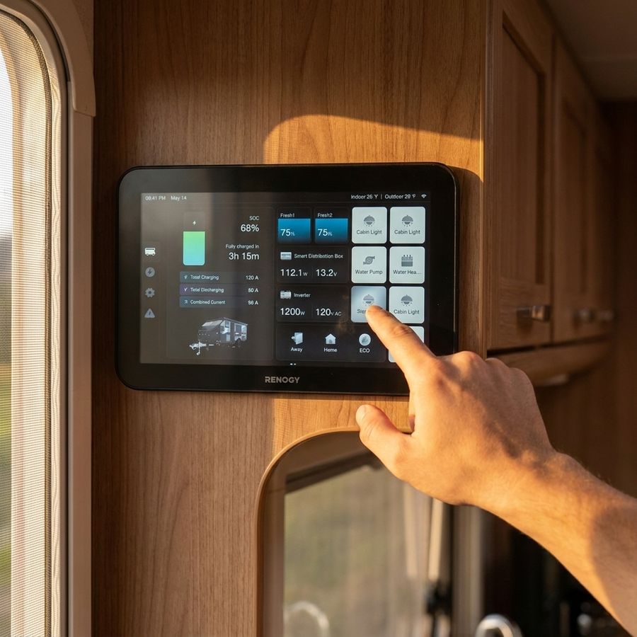 A hand reaching up to tap a load tile on the ONE Vision 7 mounted inside a caravan doorway
