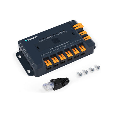 Renogy PMS1260 at three quarter angle showing the six orange channel levers, RJ45 terminator and mounting screws