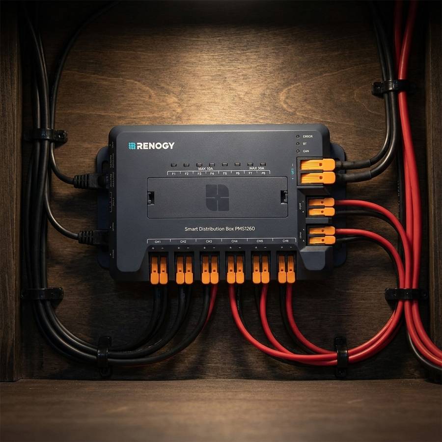PMS1260 mounted low in a camper trailer electrical bay with cable runs held by black P-clips