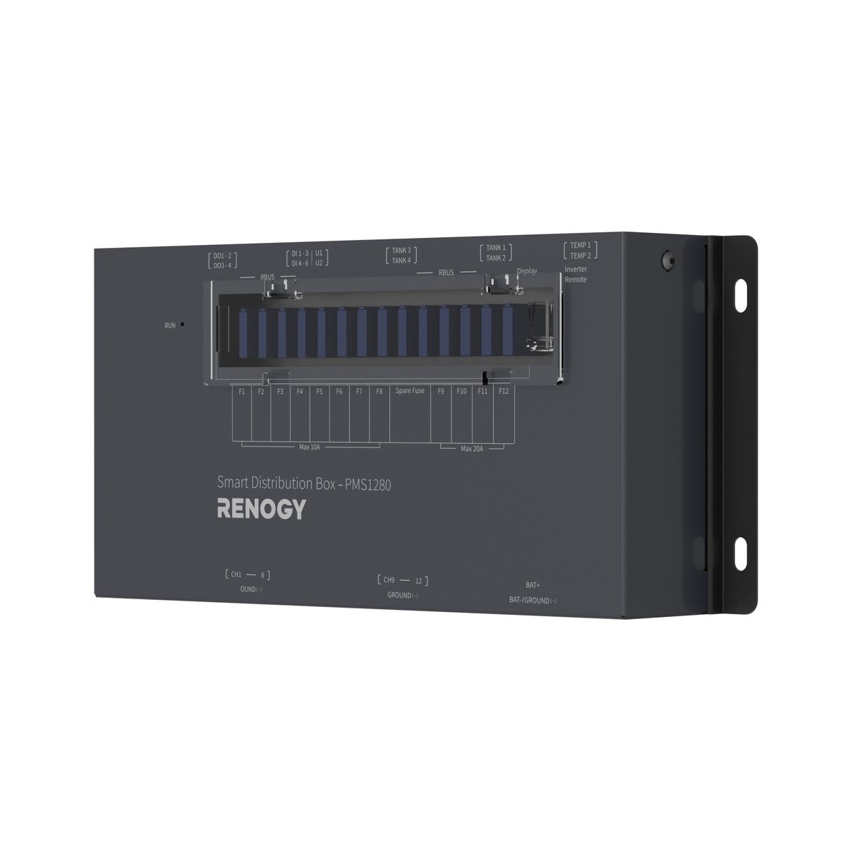 Front face of the Renogy PMS1280 showing the clear-covered fuse strip and F1 to F12 circuit labels