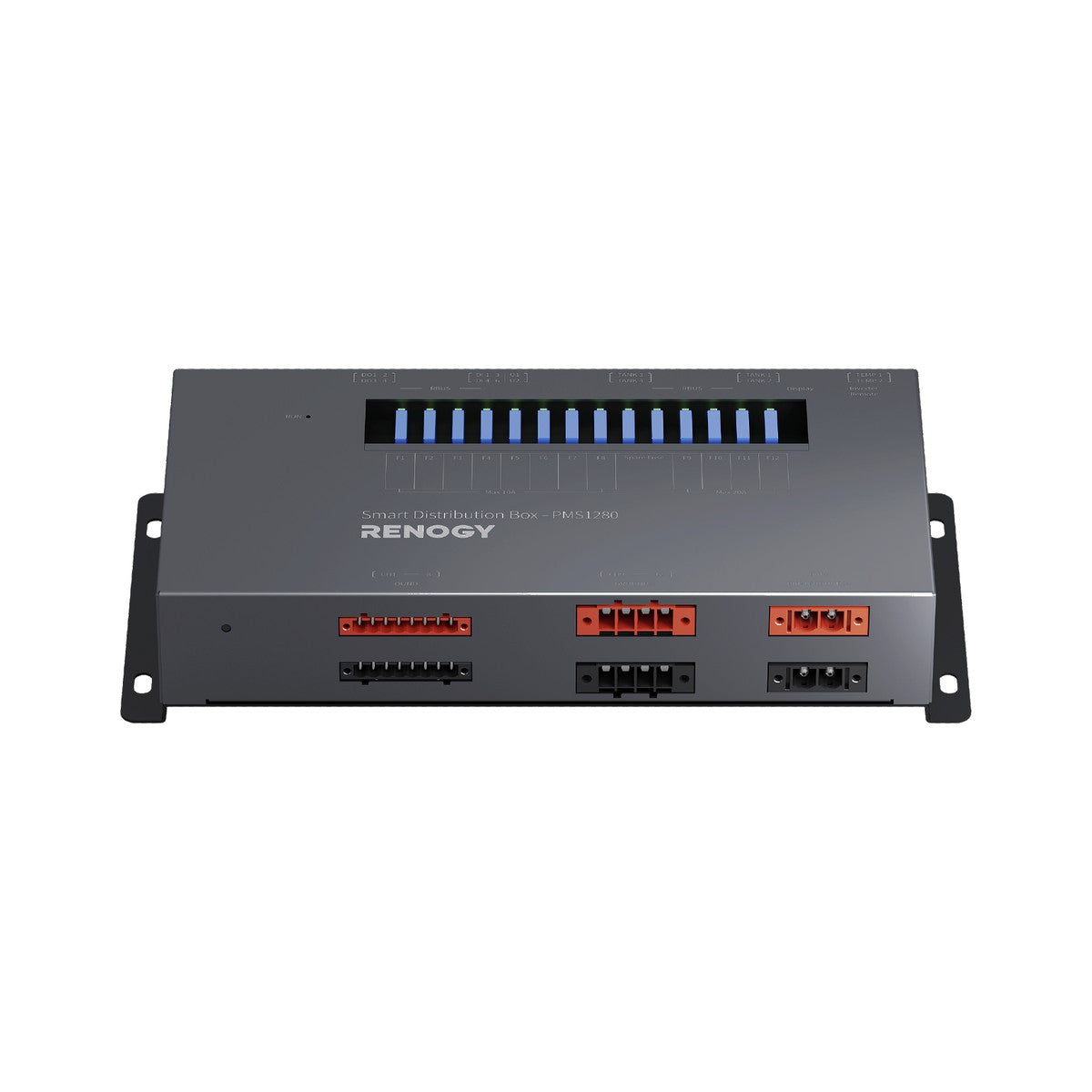 Renogy PMS1280 viewed square on with the fuse bank and mounting flanges visible