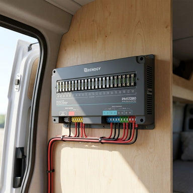 Renogy PMS1280 distribution box mounted on a plywood bulkhead in a motorhome locker with red and black cable runs