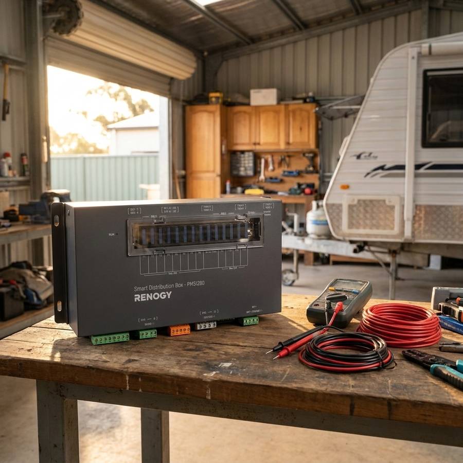 PMS1280 on a timber workbench during a caravan fitout with cable coils beside it