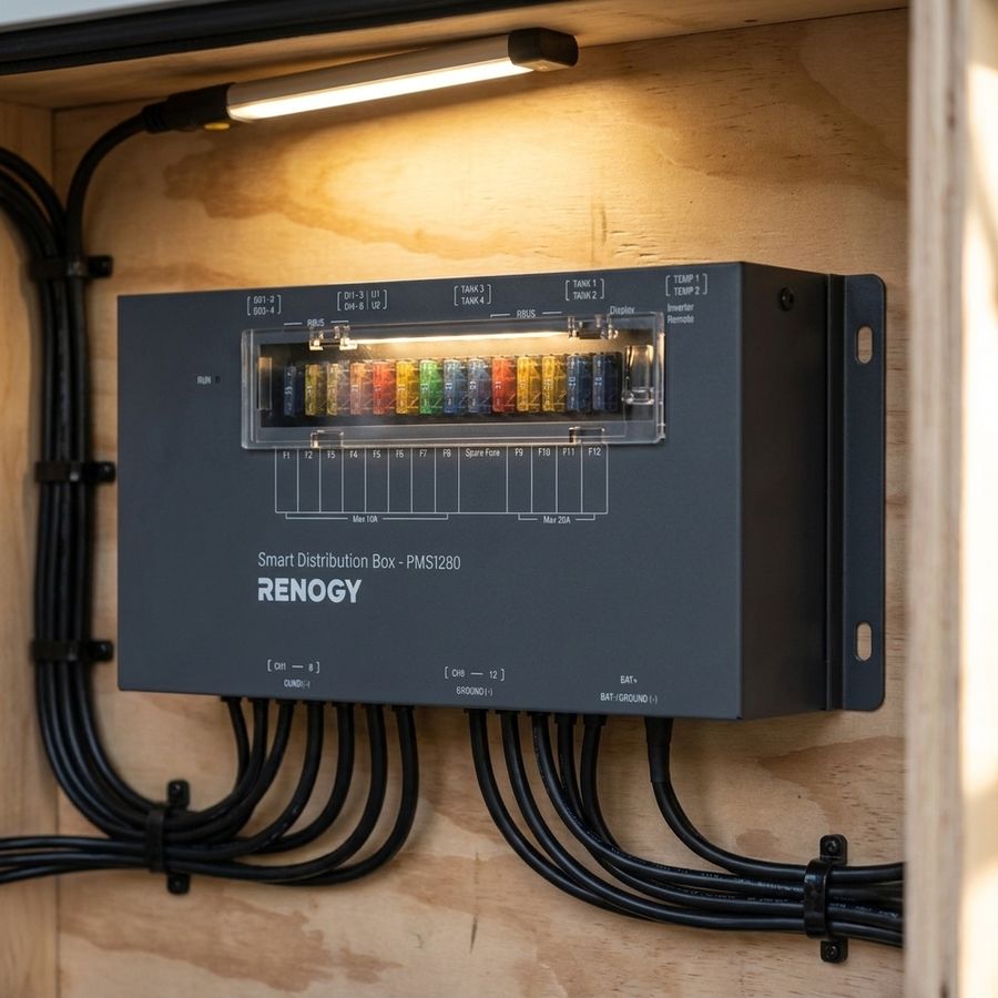 PMS1280 installed in a motorhome electrical bay with cable secured by black P-clips under LED worklight