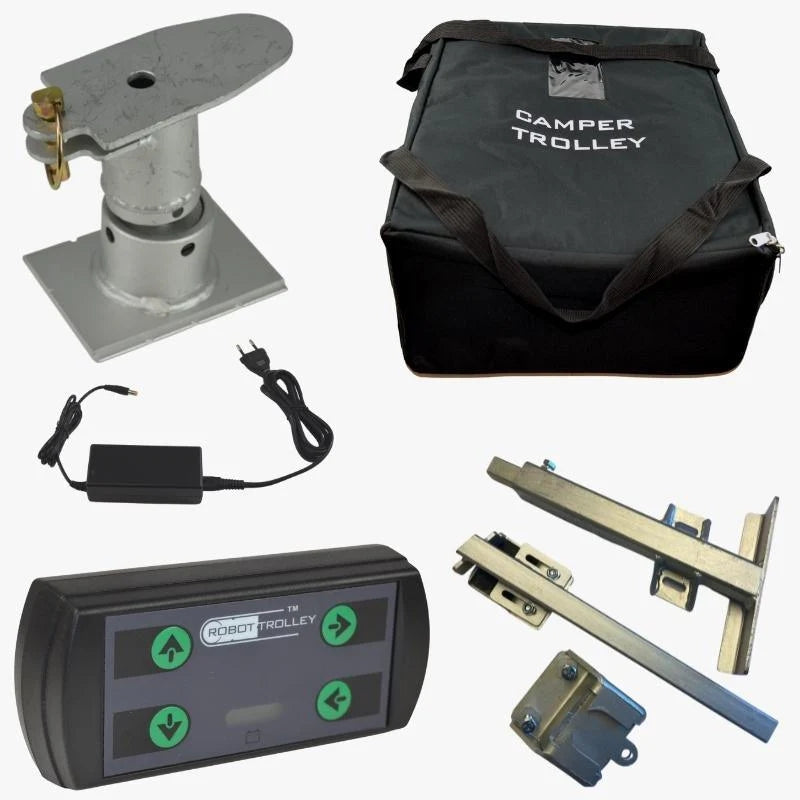 Robot Trolley 2500 G2 Caravan Mover parts including motor unit, control box, and mounting bracket.