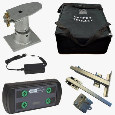 Robot Trolley 4500 G2 Caravan Mover parts including motor, remote control, and charging components.