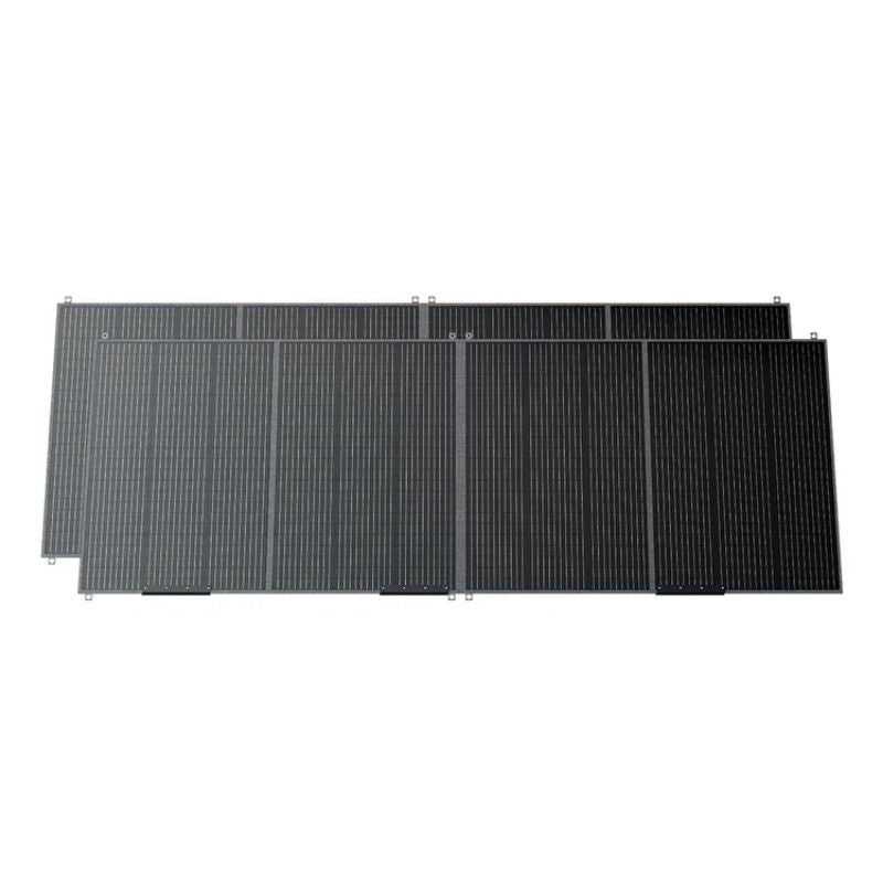 Top-down view of a six-panel folding solar panel laid flat for sun exposure