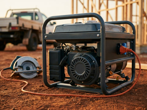 A generator on a rural Australian job site beside a work ute
