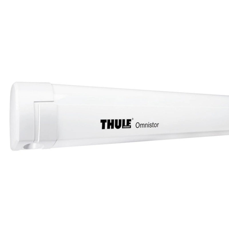 Close-up of the Thule 5200 manual awning with a white cassette, highlighting its sleek design and quality finish.
