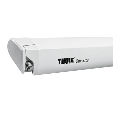 Thule Omnistor 6300 Electric 12V Awning with a sleek white cassette, showcasing its stylish design and ease of use for any camping setup.