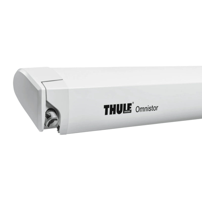 Thule Omnistor 6300 Awning with a white cassette, highlighting its compact design and efficient space-saving storage features.