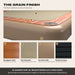 The Grain finish: woodgrain deck, durable diamond non-slip pads, tan PVC side walls and the black rubber bumper. AI-assisted mock-up