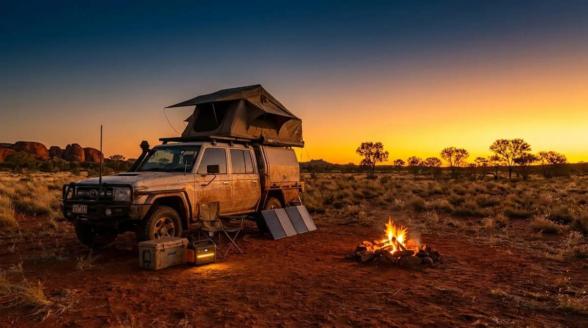 A 4WD camp at sunset with a portable power station and solar panels