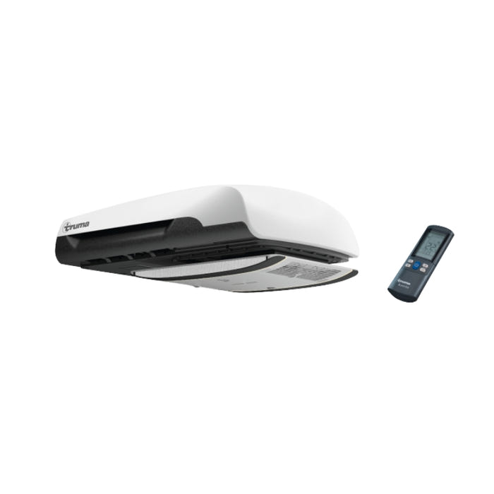 Truma Aventa Comfort rooftop caravan air conditioner shown with remote control on white background