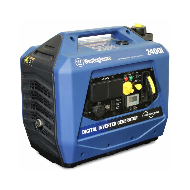 Closeup of Westinghouse 2400i portable generator displaying labeled buttons and dual power sockets