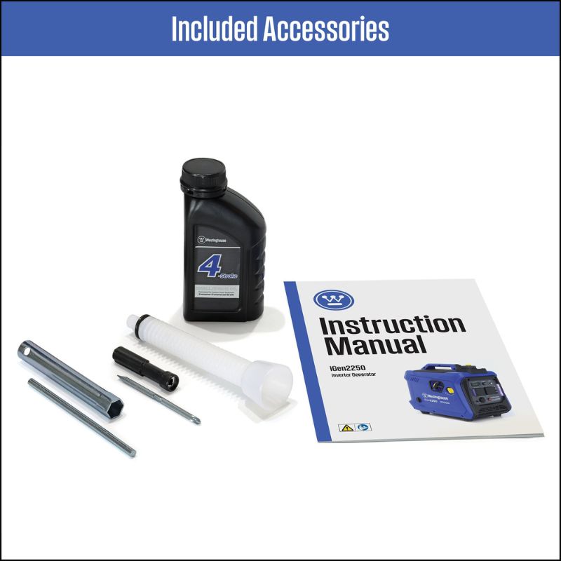 Included accessories for the Westinghouse iGen2250 such as oil, tools, and manual