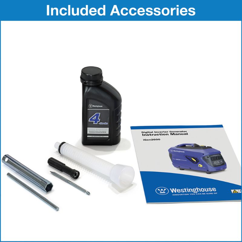 Included accessories for the Westinghouse iGen2600 inverter generator: oil, funnel, tools, and manual.