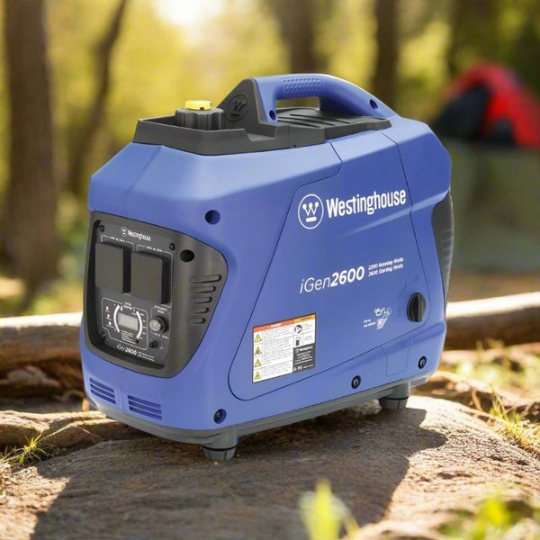 Westinghouse iGen2600 inverter generator right side view in a forest campsite