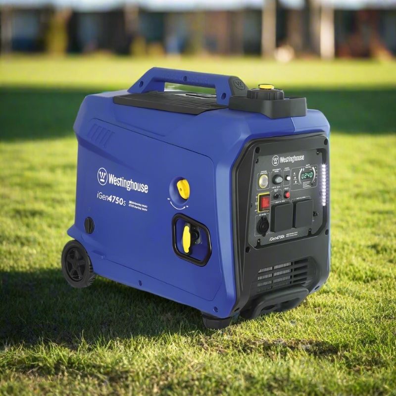 Westinghouse iGen4750s inverter generator with remote start, angled front panel view on grass