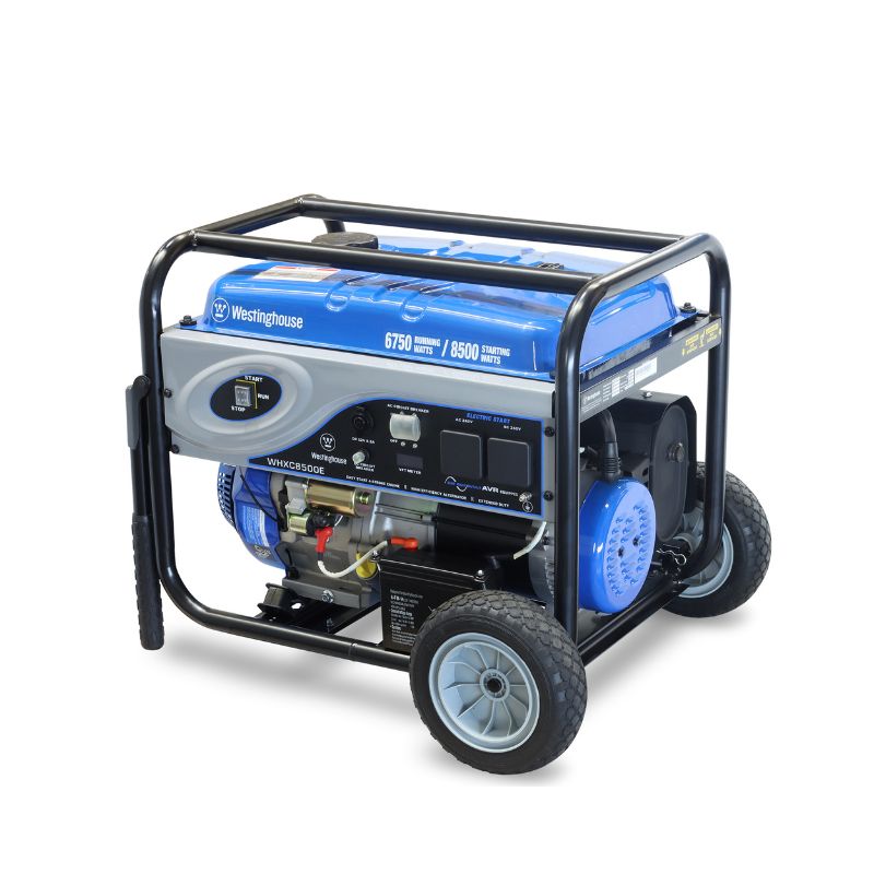 Angled left-side view of the Westinghouse WHXC8500E showing wheels and electric start battery setup.