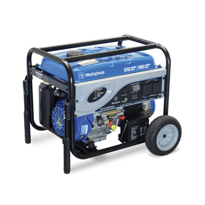 Angled right-side image of the Westinghouse WHXC8500E portable generator with visible fuel tank and outlets.