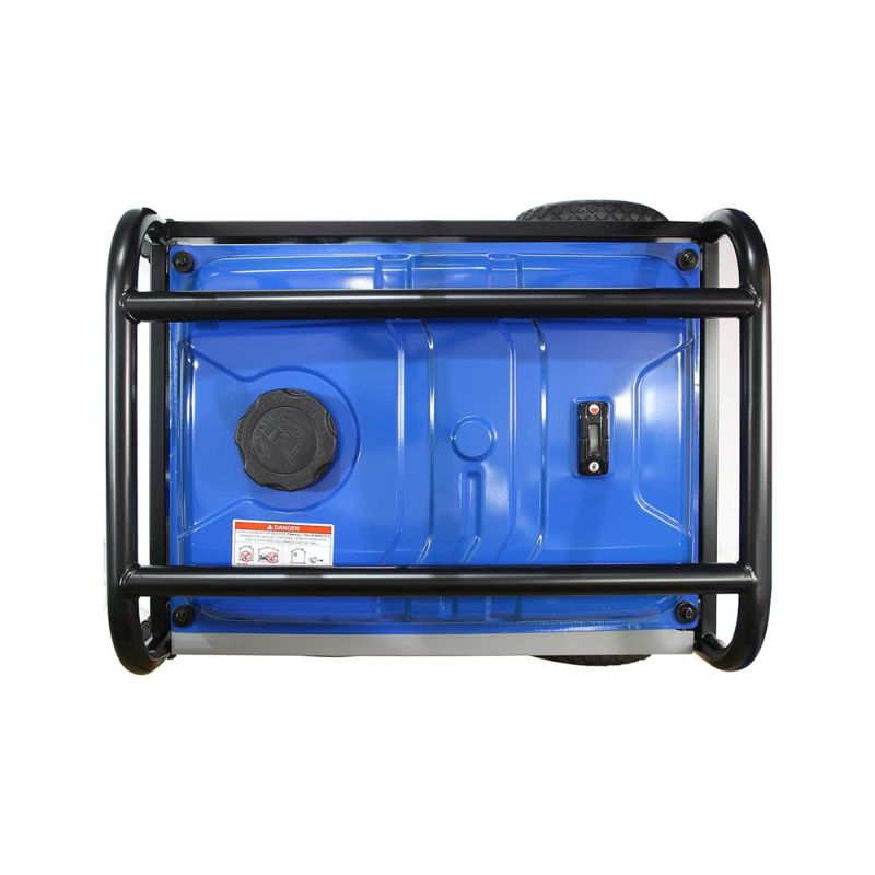 Top-down look at the Westinghouse WHXC8500E generator showing fuel tank cap and battery compartment.