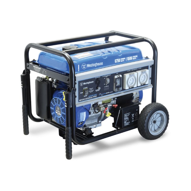 Side view of the Westinghouse WHXC8500E-PRO highlighting air filter, frame, and electric start battery
