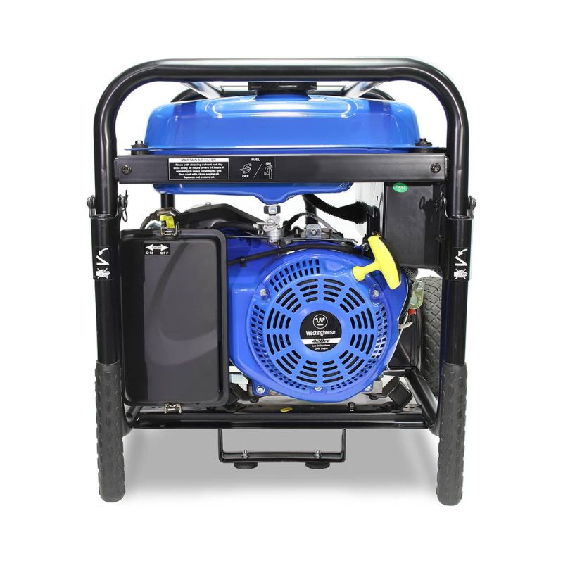 Rear view of the Westinghouse WHXC8500E-PRO generator showcasing engine recoil starter and muffler
