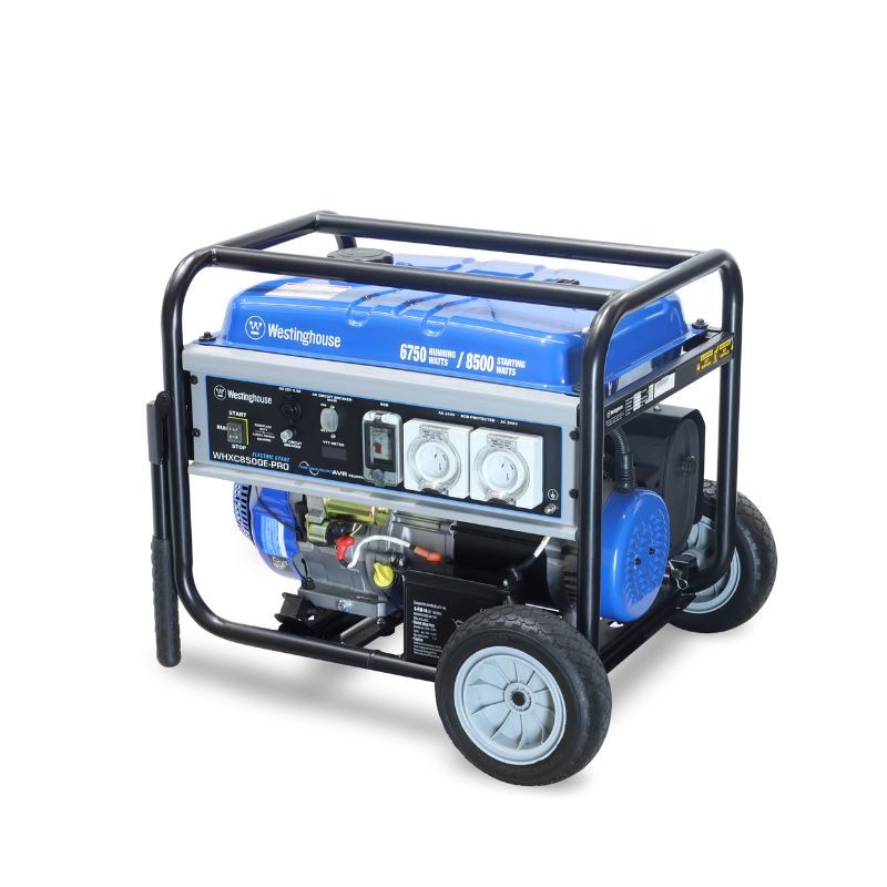 Westinghouse WHXC8500E-PRO generator showing front panel with RCD safety outlets and control interface